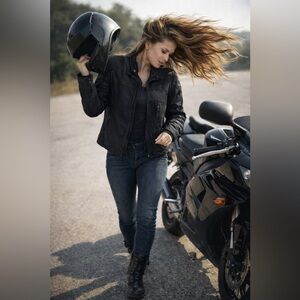 Screaming Eagle by Harley Davidson Women’s Black Biker Jacket, Leather Accents